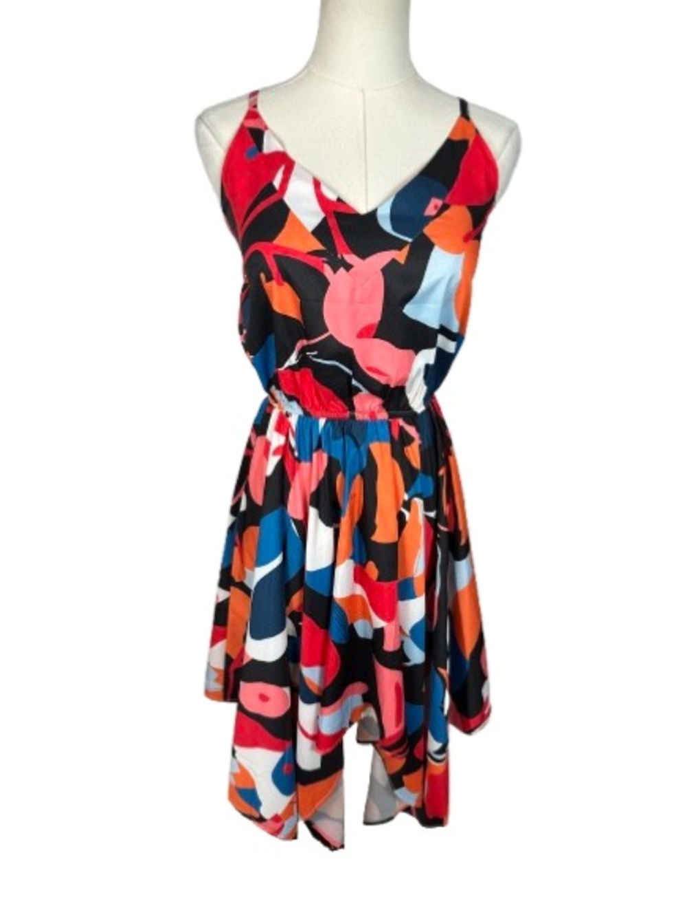Abstract Floral Print Spaghetti Strap Dress - Pink/Orange/Blue